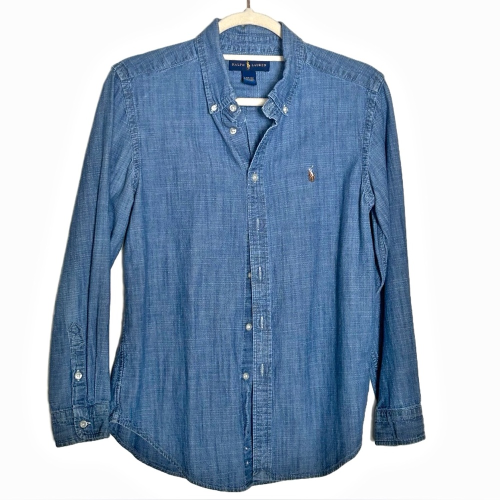 Vintage Ralph Lauren Boys Large 14/16 Classic Logo Button Down Blue Denim Shirt